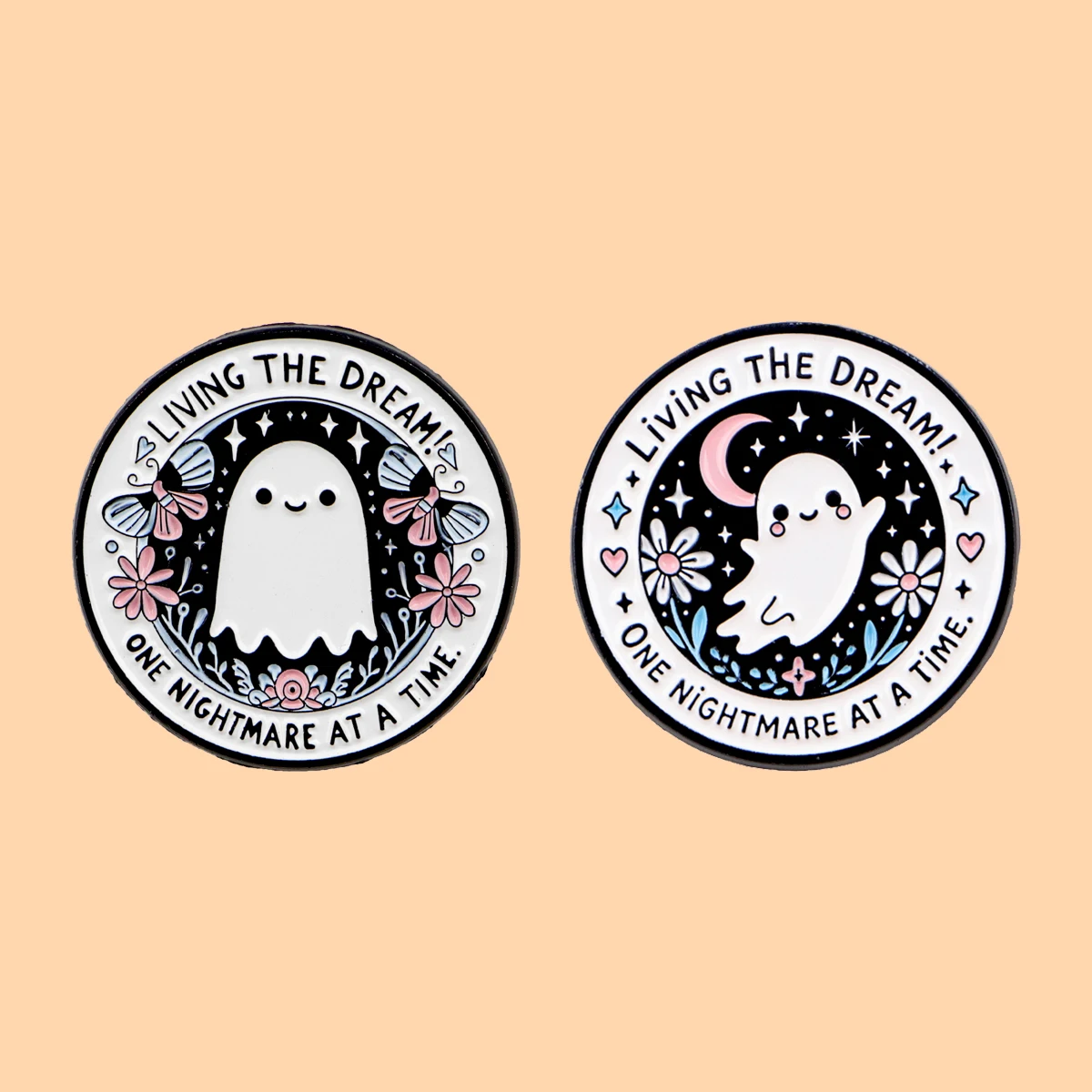 2pcs/Set Cute Ghost Enamel Pin Living The Dream Flower Moon Quote Brooch Backpack Lapel Badge Jewelry Accessories Halloween Gift