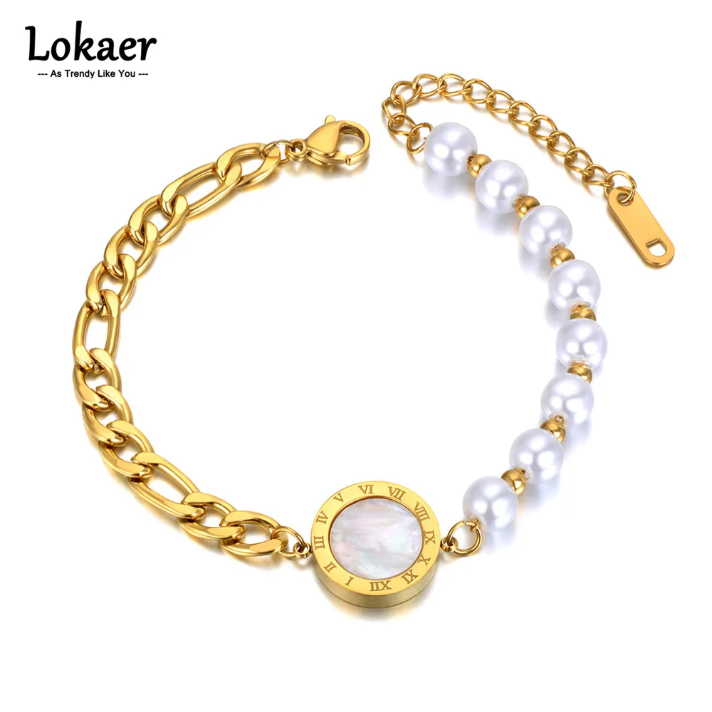 Lokaer Trendy Edelstahl-Charm-Armbänder mit römischen Ziffern für Damen, Bohemia, weiße Perlenkette, Schmuck, B21107