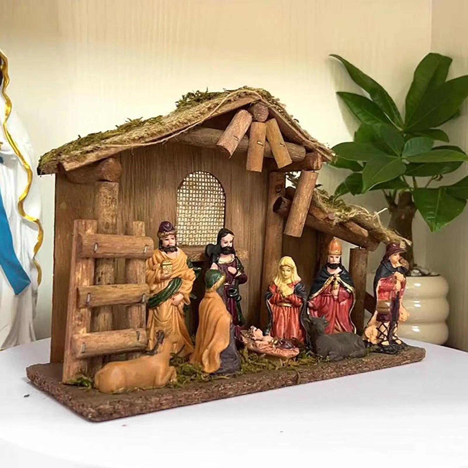 Nativity Scene Figures Religious Festive Miniature Figurine Set Jesus Manger And House Figure Ornaments For Windowsill Home