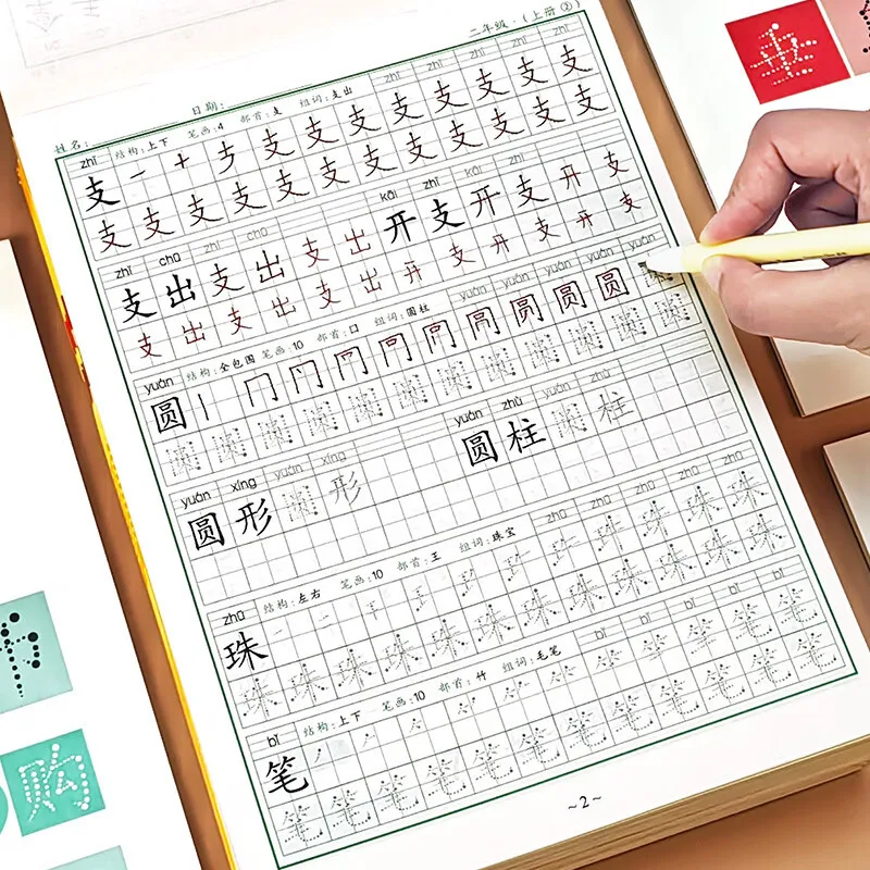Synchronize Calligraphy Practice for Grades 1-2, Using Dot Matrix Strokes and Stroke Order To Draw Red, and Hard Pen Copying