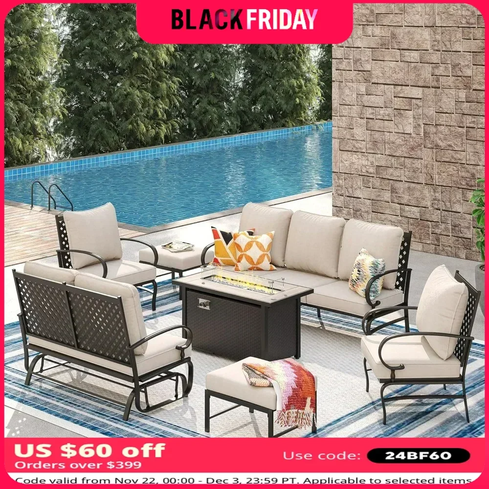 7 Pieces Patio Furniture Set with 45-inch Firepit, Outdoor Furniture of 3-Seater Sofa, 2 Patio Single Sofa with 2 Ottomans