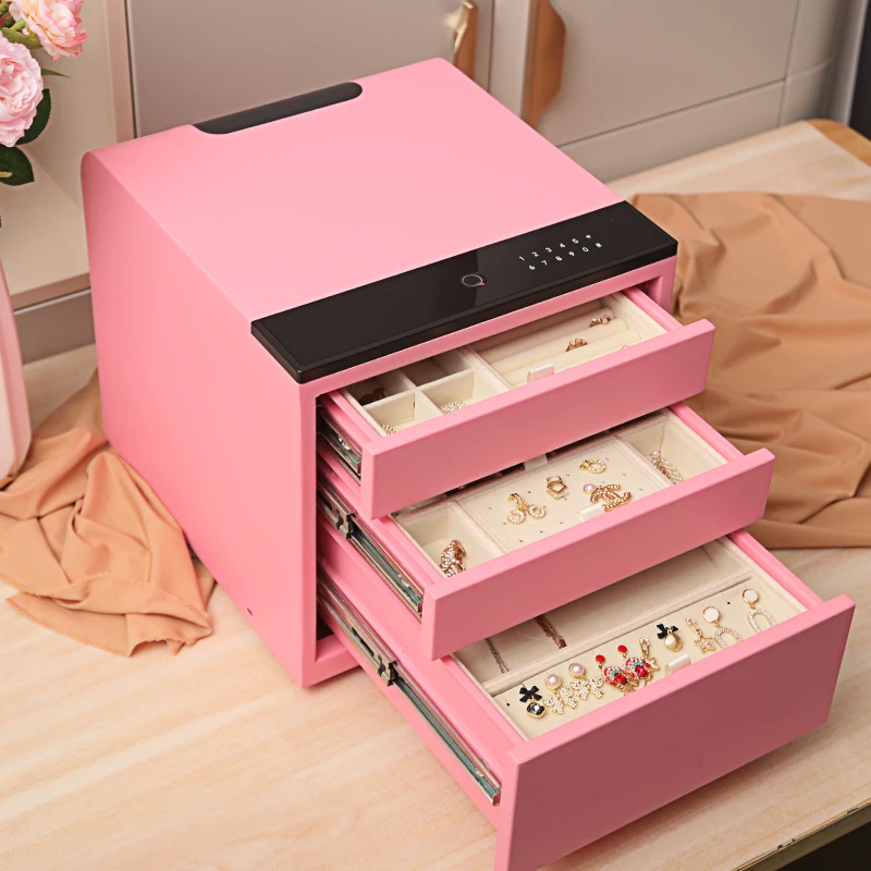 Leather jewelry storage safe household small fingerprint password drawer safe three-layer office smar