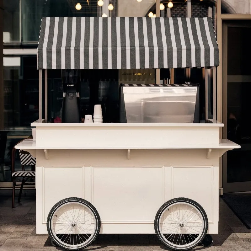 

Shopping mall beauty food milk tea coffee cart white mobile dining car stall car white striped awning float display stand