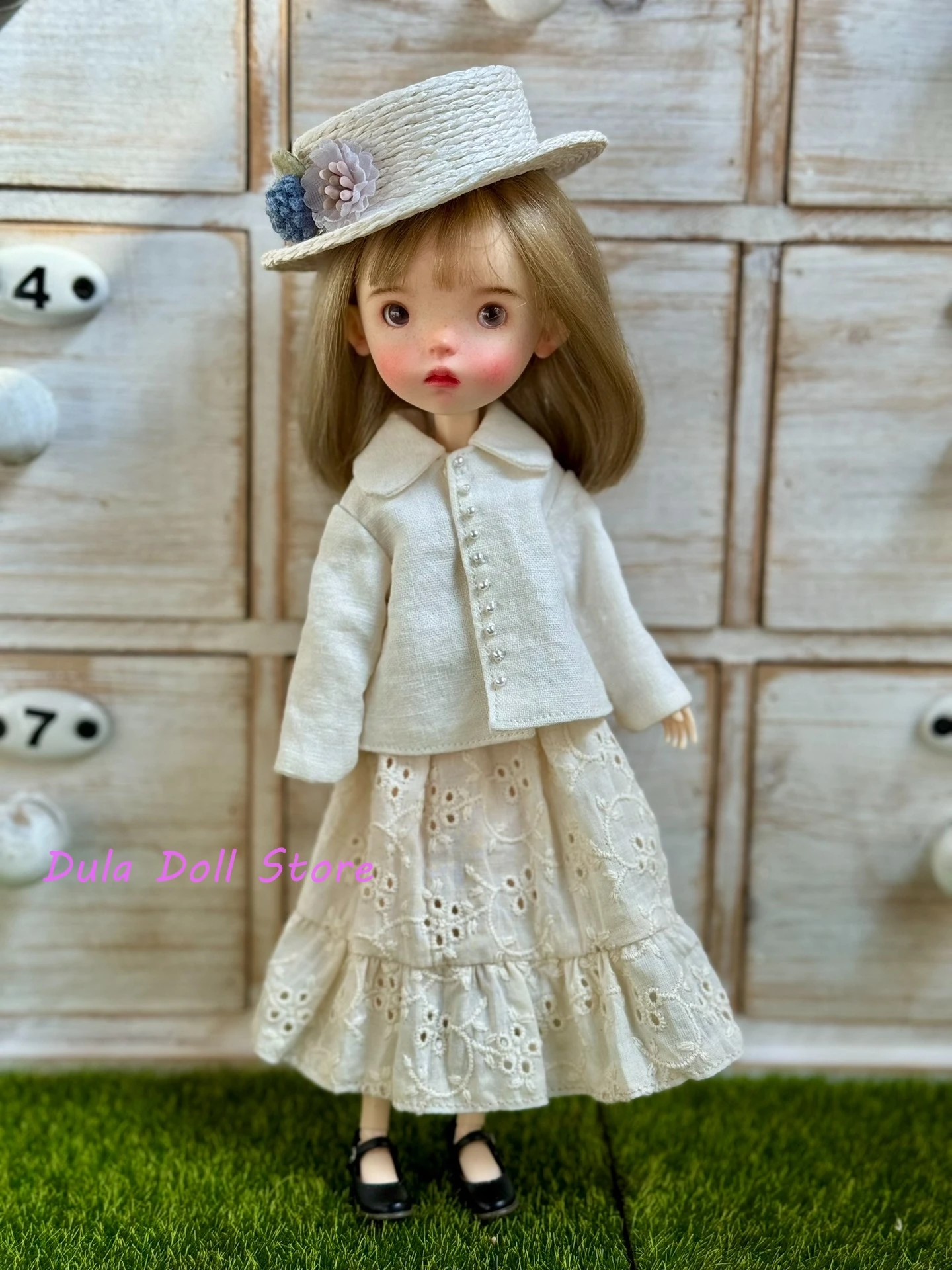 Dula Doll Clothesfor Blythe Landoudou Landazz ob24 ob22 Azone 1/6  Doll White cotton and linen jacket with lace embroidery skirt