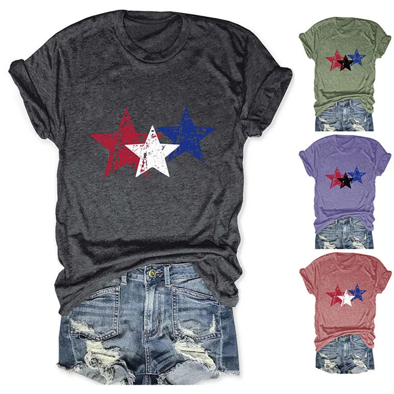 

New summer fashion cotton retro round neck casual T-shirt five-pointed stars with loose short-sleeved comfortable top