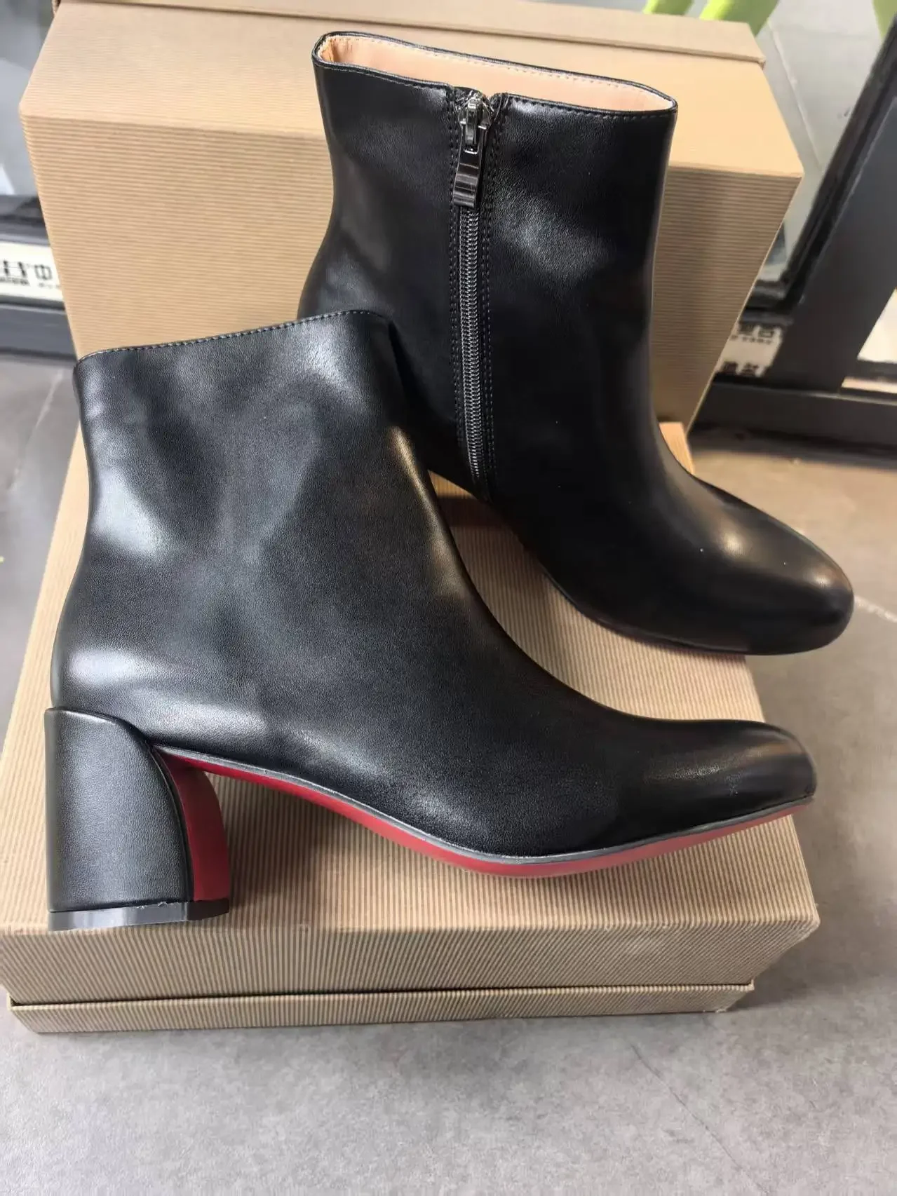 Black Leather Red Sole Bottom Short Boots For Women DE Chunky 5.5cm Heels Round Toe Back Zipper Botas Female Mujer Classics Lady image 3