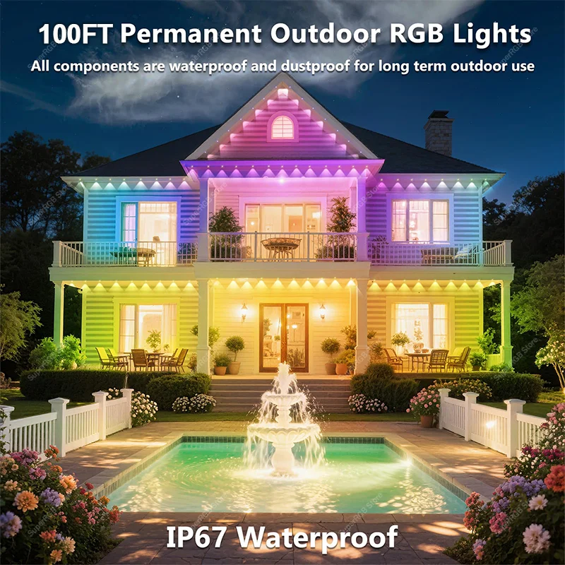 100FT 60LED الذكية RGB Eave أضواء App التحكم IP67 الدائم في الهواء الطلق LED سلسلة أضواء المنزل السنة الجديدة عيد الميلاد لتقوم بها بنفسك الإضاءة #6