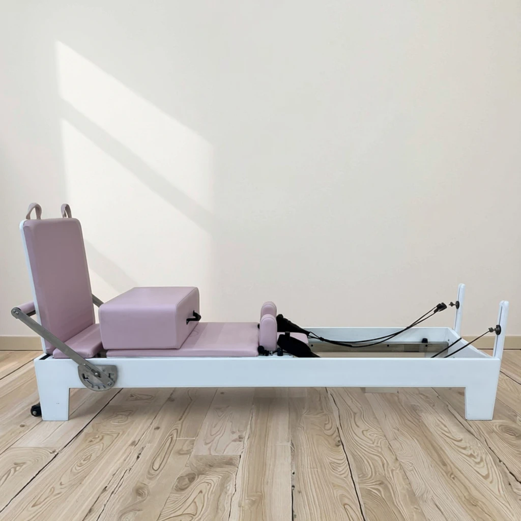 

Premium Quality Wood Pilates Yoga Studio Reformer White Pink Home Studio Core Pilates Reformer Bed for Yoga Training Workout