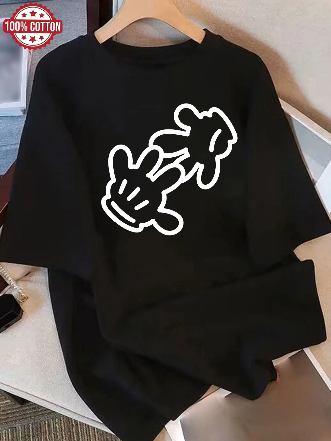 Women Tee Cartoon Hand Gesture Outline Simple Cute Graphic Print Round Neck Short Sleeve Soft Ladies Casual Cotton Shirt