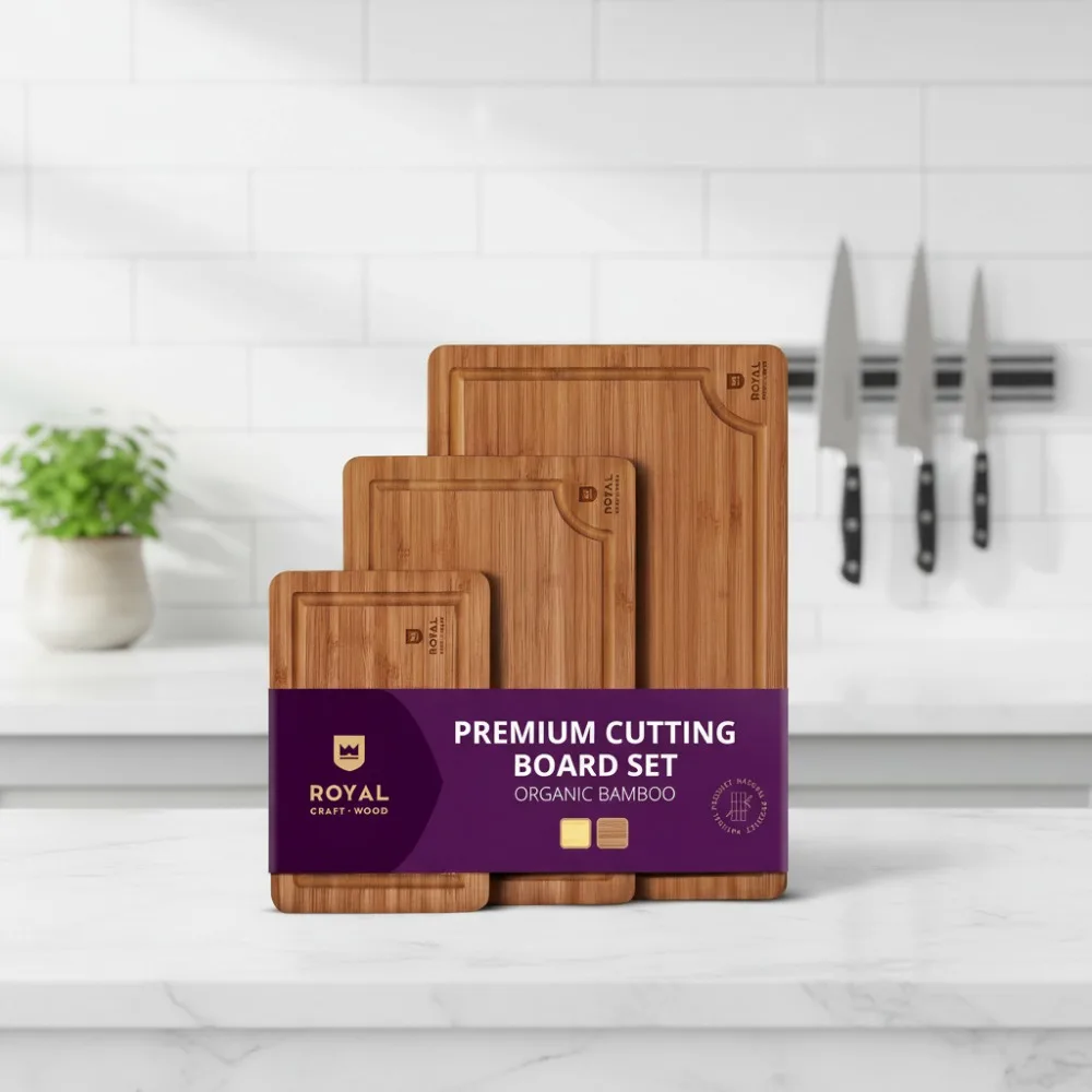 

Bamboo Cutting Board Set with Juice Groove & Handles - 3 Sizes for Kitchen Prep, Serving, Charcuterie