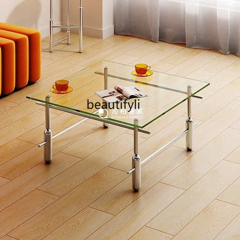 54Simple transparent glass living room high-end stainless steel multi-functional coffee table with medieval style angle tableSSS