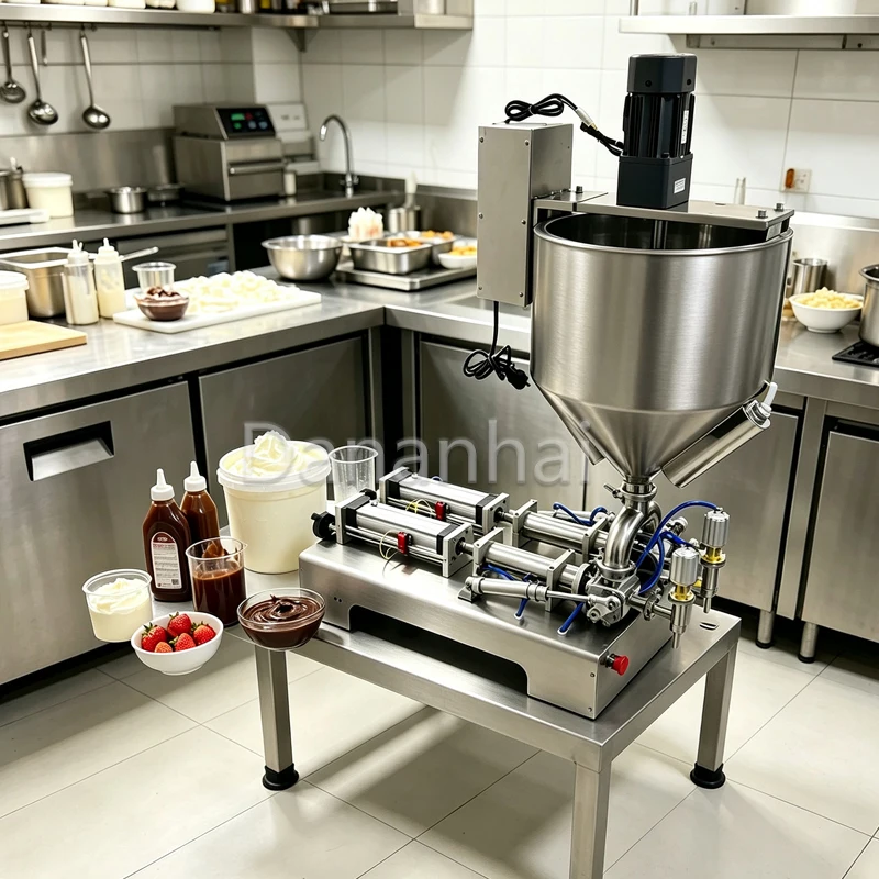 Pneumatic Paste Filler, Double‑head Heating Mixing Filling Machine for Butter Wax Syrup Filling