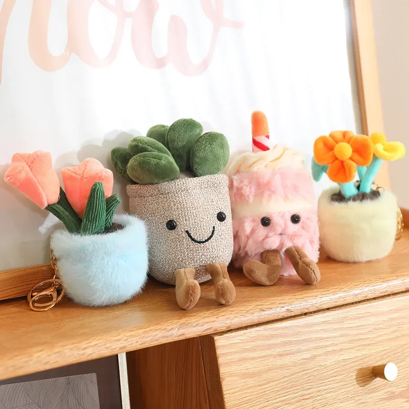 Stuffed Pendant Succulent Tulip Flower Plush Cartoon Cake Toys Soft Potted Flowers Plants Bag Decoration Key Chain Doll Gift