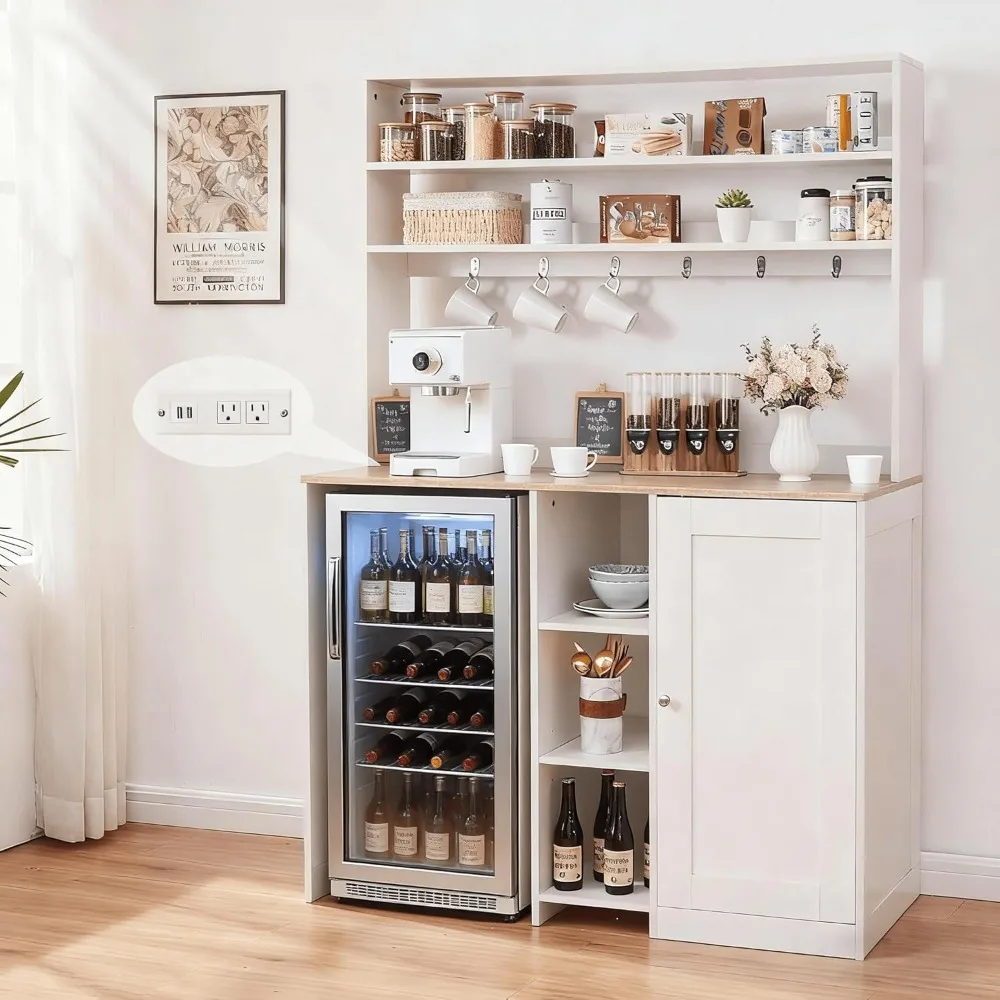 Compact Refrigerator Cabinet with Storage, Beverage Center Cabinet featuring Mini Fridge and Power Supply, and Wine & Spirits Ba