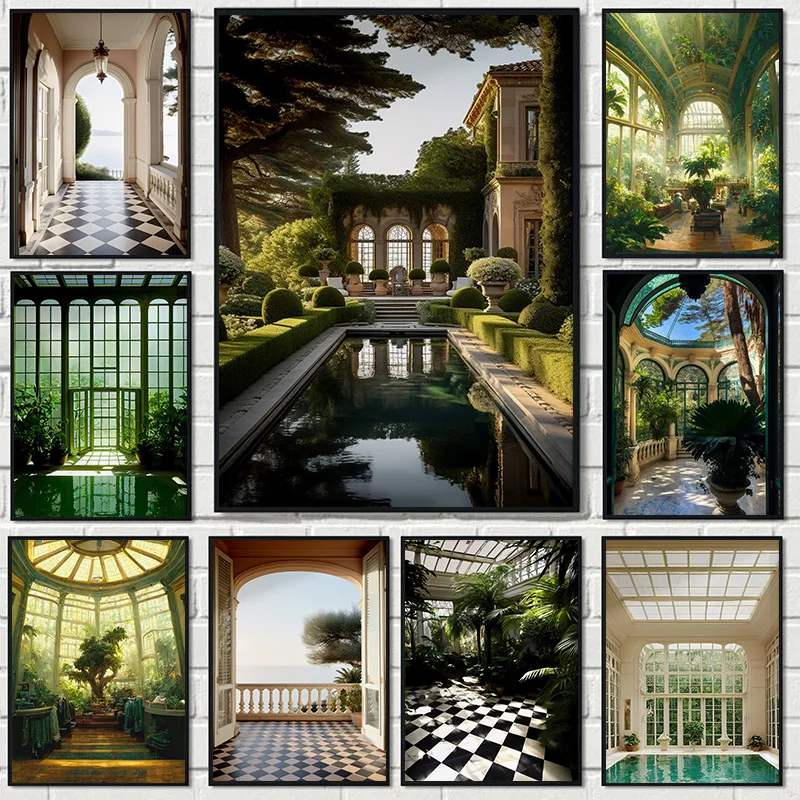 Antique Victorian French Architecture Botanical Greenhouse Swimming Pool Poster Canvas Painting Wall Pictures Home Decor