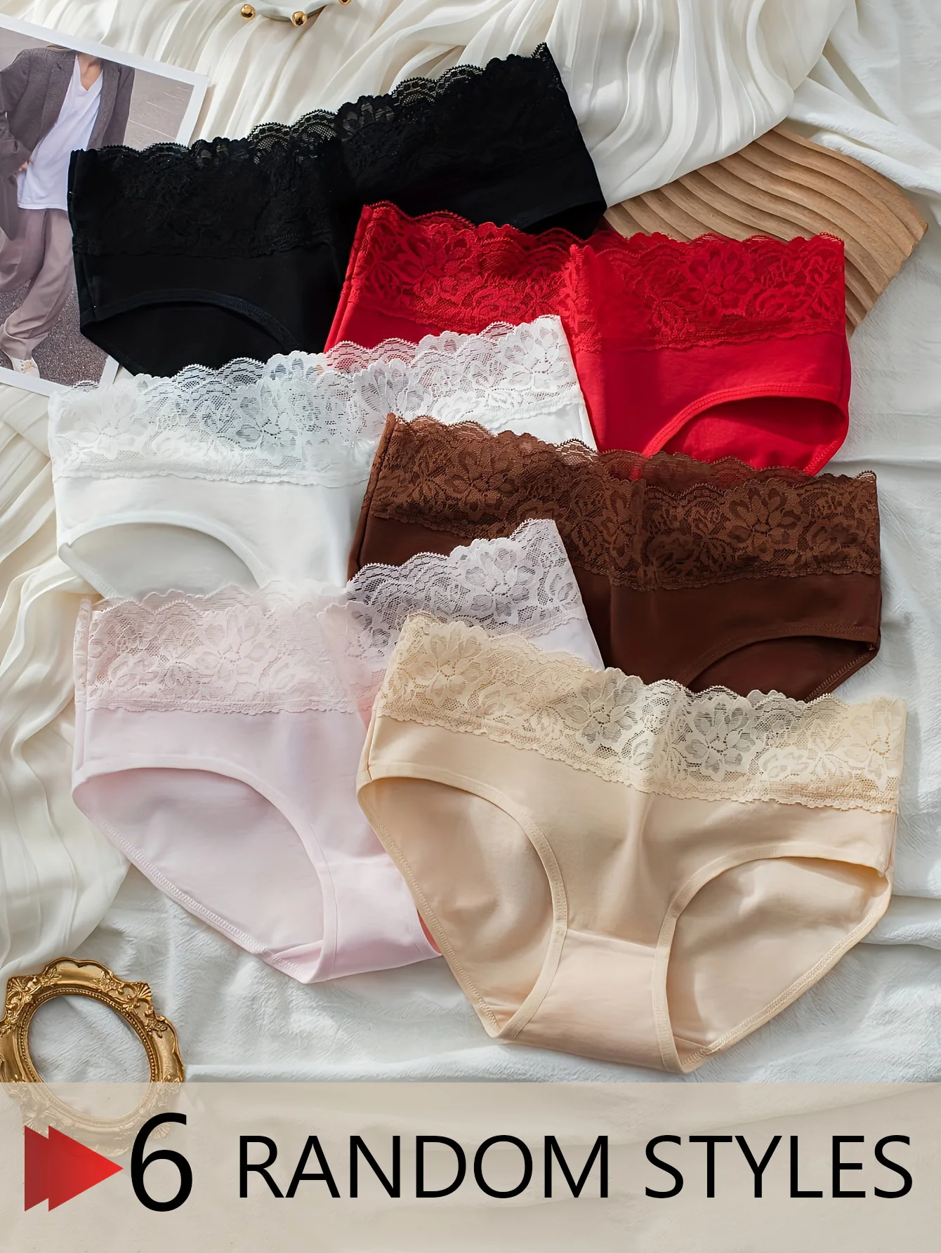Randomly set 6 pieces of pure cotton lace-trimmed briefs for women, cotton comfortable and non-clogging women's underwear
