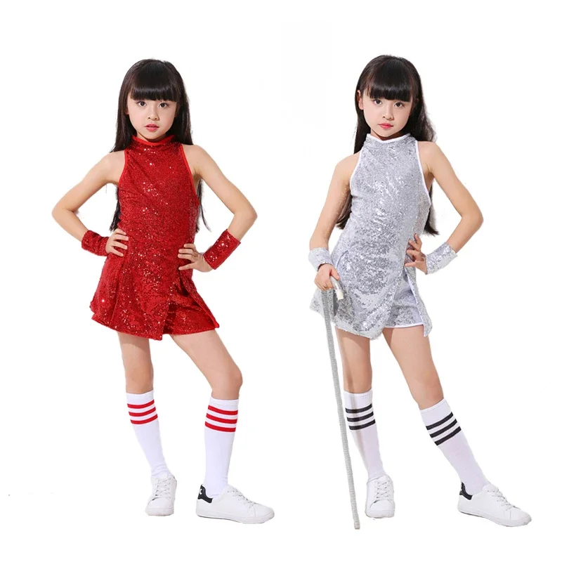 Sequins Jazz Dance Costume Kids Modern Street Dance Clothes Girls Modeling Runway Dance Performance Costume Girls Cheerleader