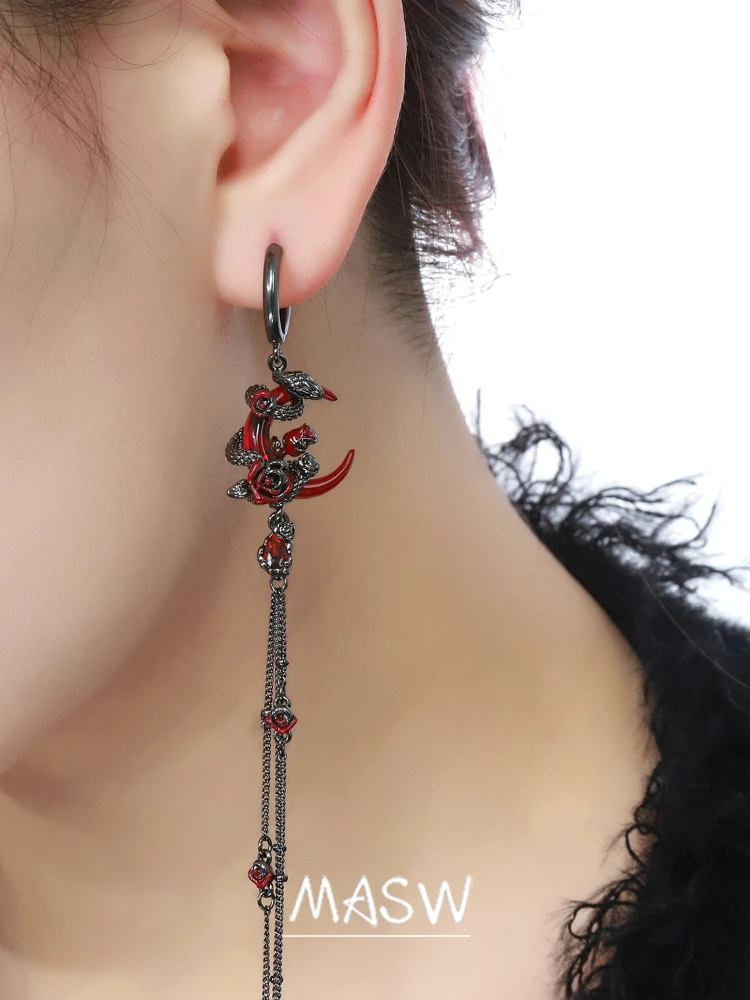 MASW Original Design 2025 Trend Cool Black Snake Red Moon Long Dangle Earrings For Women Girl Gift Jewelry Accessories
