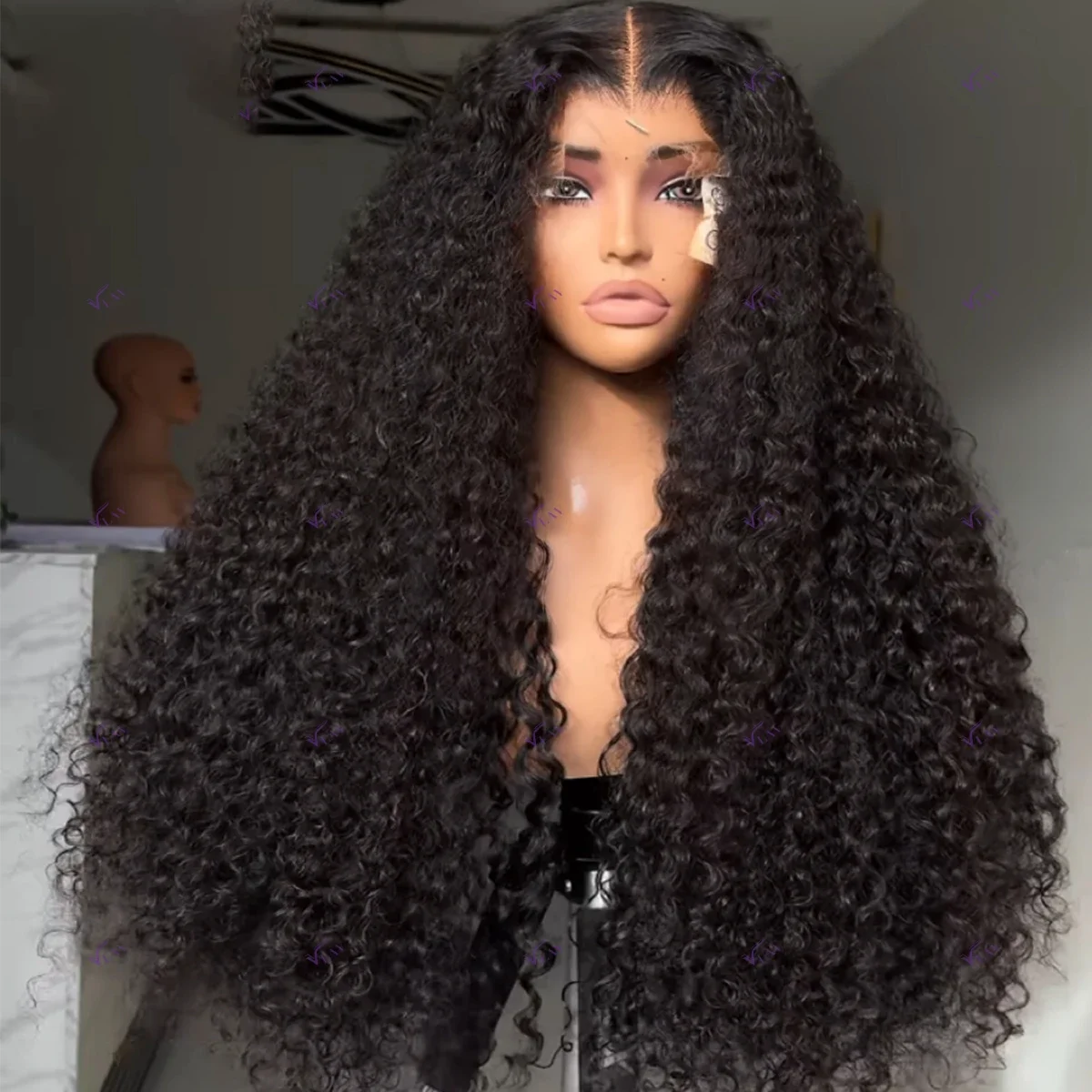 Perruque Lace Front Wig sans colle bouclée crépue noire naturelle pour femme, cheveux de bébé préplumés, long, densité 180, degré de chaleur, 26 po, 03/3