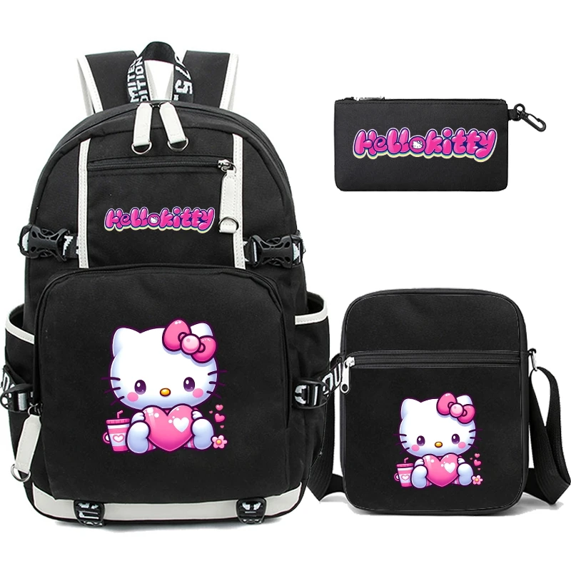 3Pcs/set Anime Hello Kitty Backpack Teen Girl Back To School Backpack Women Canvas Men Rucksack with Lunch Bag Strap Rucksack