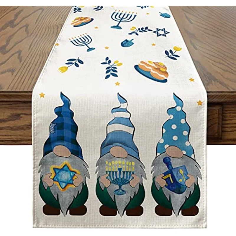 

Jewish Menorah Hanukkah Linen Table Runner Holiday Kitchen Table Decoration for Indoor Outdoor Home Party Decor Table Runner