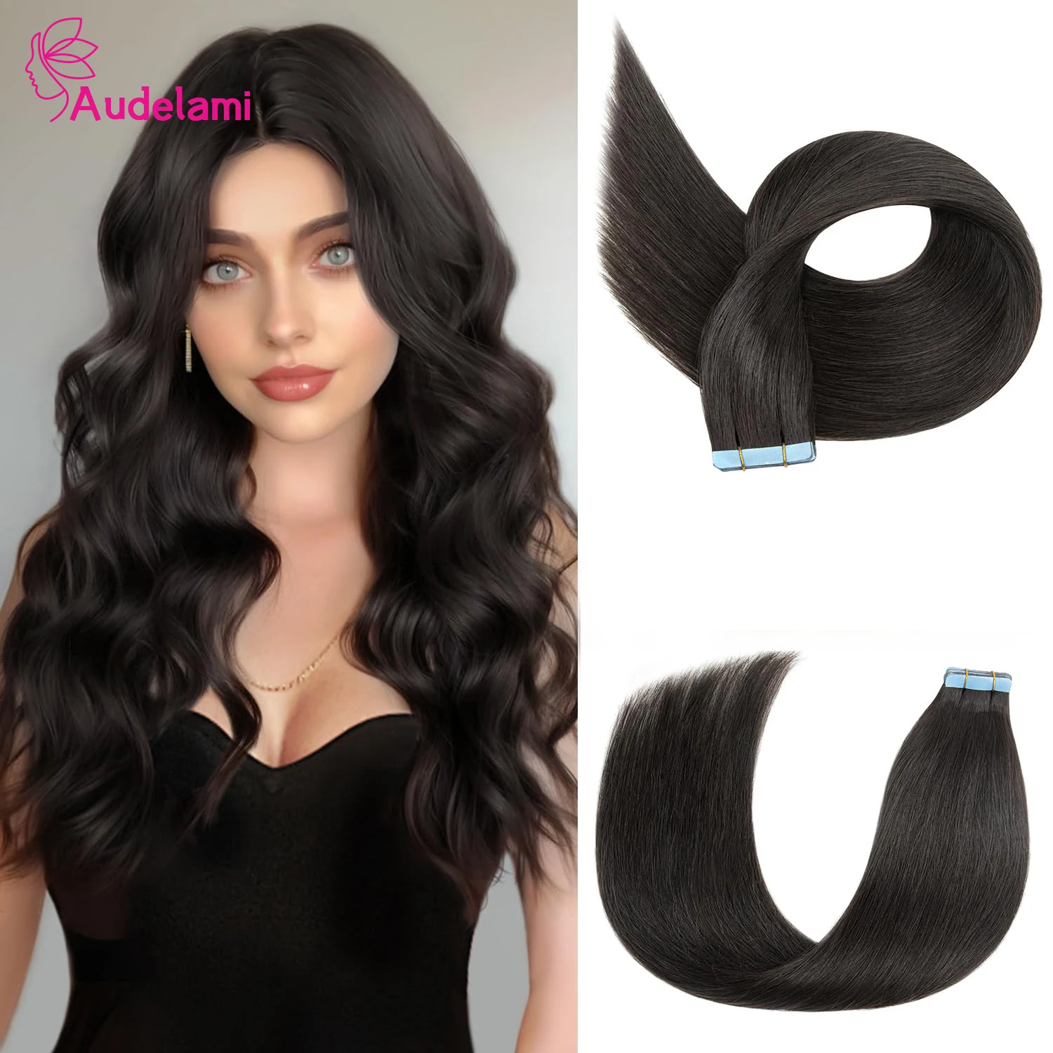 Audelami Tape In Hair Extensions Human Hair 10Pcs/Set 15g Natural Color For Women 100% Real Human Hair Extensions 12-26Inche