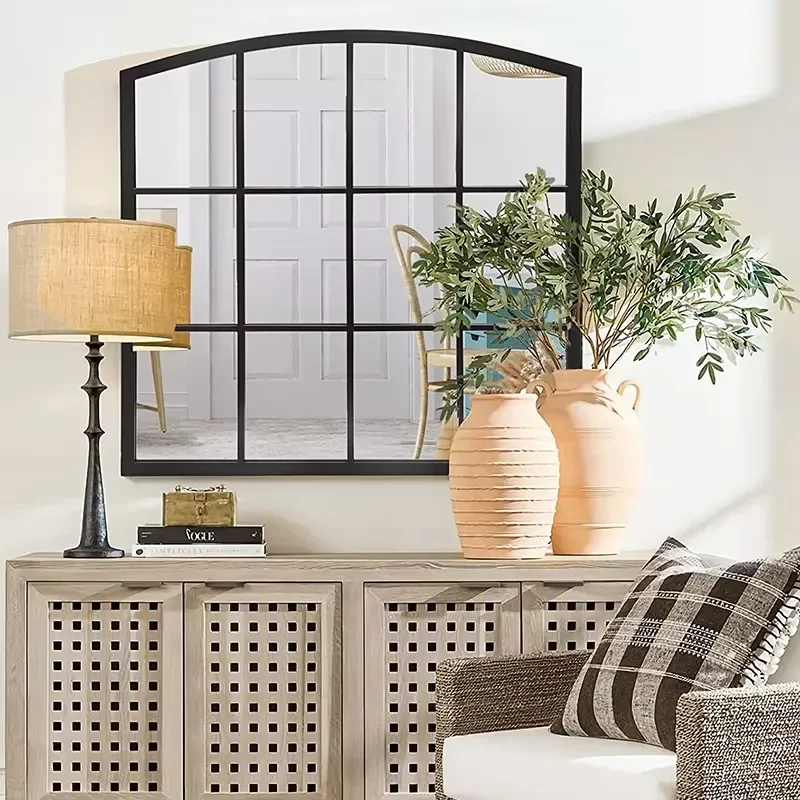 Farmhouse Window Mirror with Iron Frame Arched Window Mirror Decor
