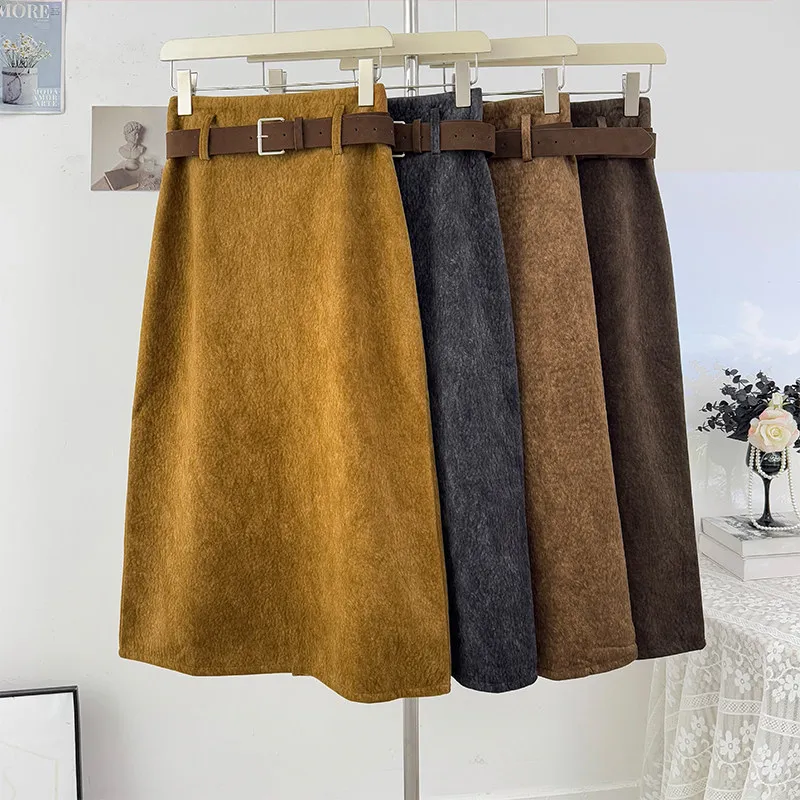 

French Simple Thickened Fleece Half Skirt for Women Autumn Winter Solid High Waist Slim A-line Hip Wrapping Skirts with Belt