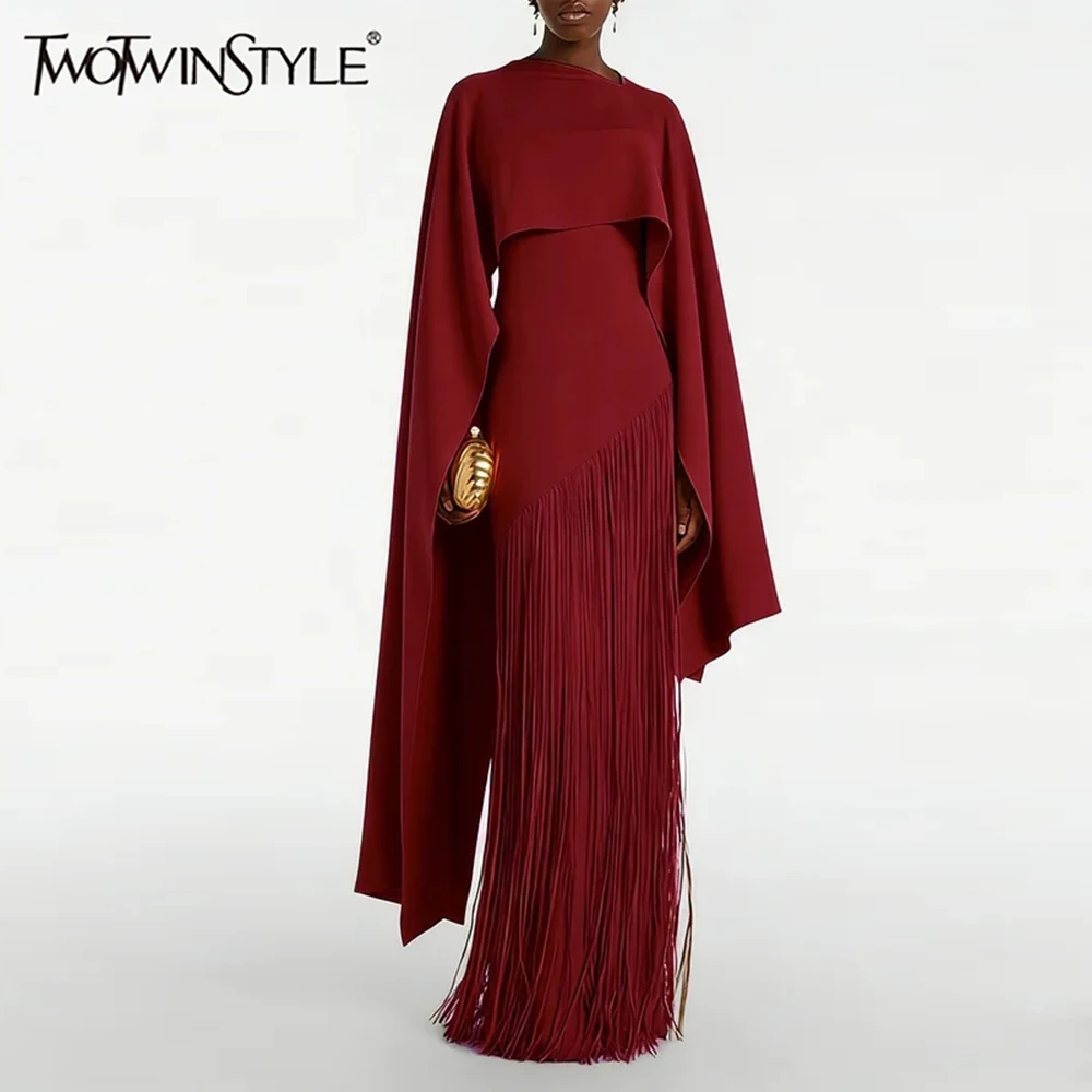 

Элегантное роскошное красное макси-платье TWOTWINSTYLE для женщин, без рукавов, с накидкой и бахромой, для модных вечеринок и мероприятий