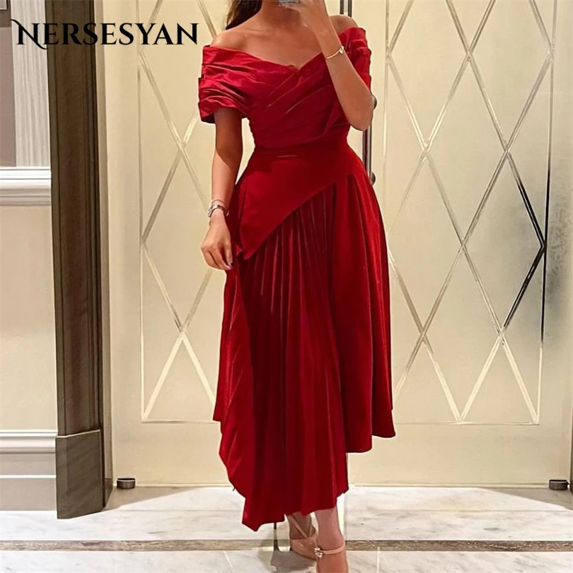 

Nersesyan Elegant Red Satin Formal Evening Gowns Off The Shoulder Pleated Party Dresses A Line Draped 2023 Vestidos De Fiesta