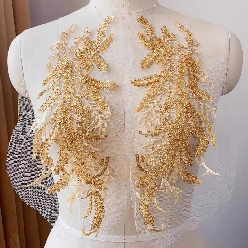 2-個-1-ペア、カラフルなスパンコール、ビーズレース生地、ハイエンド-diy-ウェディングドレス、イブニングドレスの装飾、衣類アクセサリー