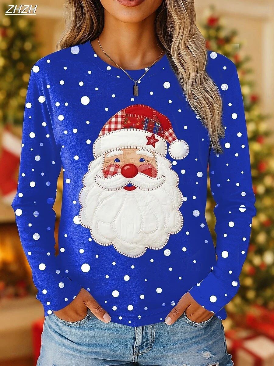 تي شيرت نسائي كلاسيكي بطبعة سانتا بأكمام طويلة، برقبة دائرية احتفالية، نمط كاجوال للعطلات، تي شيرت موسمي للخريف والشتاء