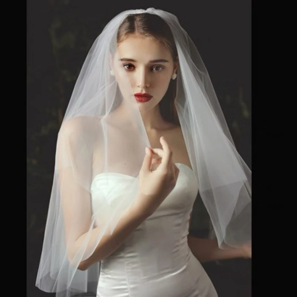 

Wedding Veil with Simple Elegant Satin Bowknot Bridal Veils Soft Tulle Shoulder Length Marriage Decoration
