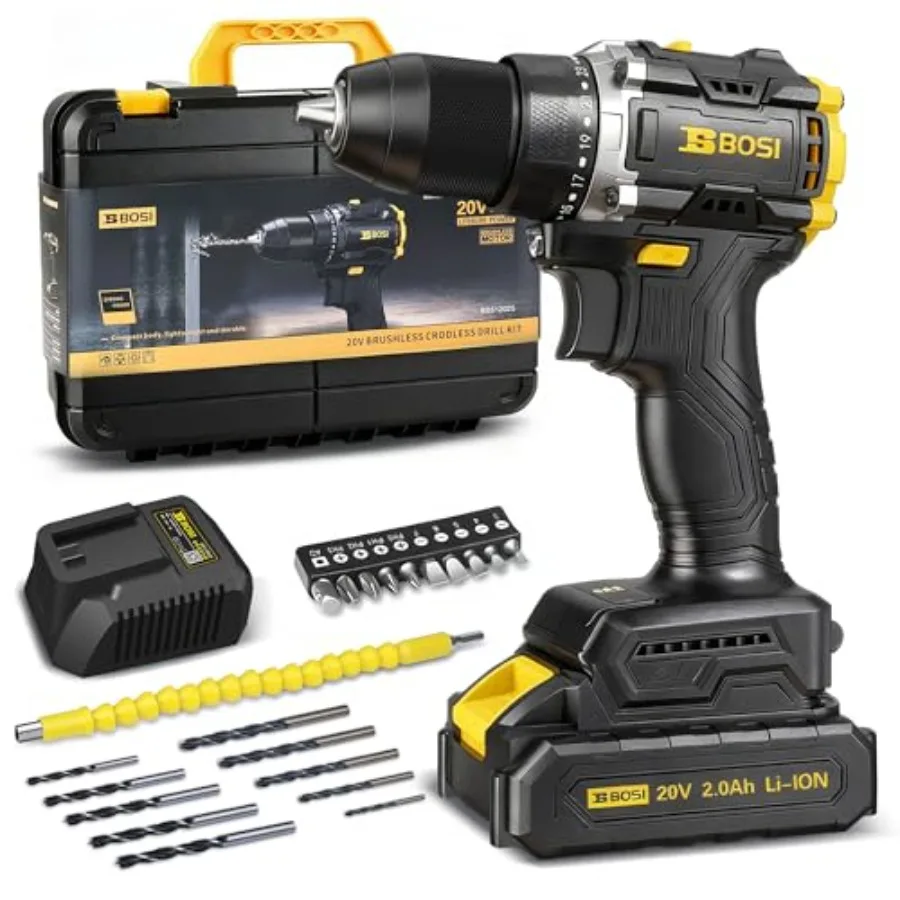

BOSI Cordless Drill Driver Kit with Brushless Motor 90Nm Max Torque 2.0Ah Battery and Fast Charger 20+1 Speed Control for Concr
