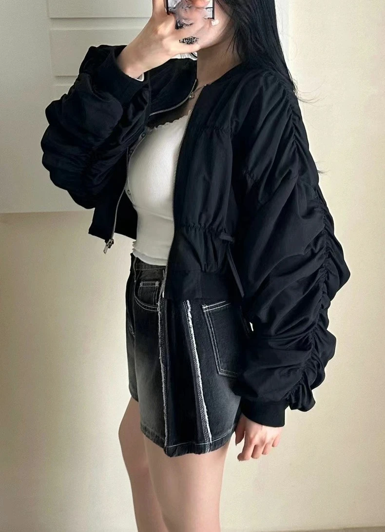 KUSAHIKI Koreaun 2024 Autumn New 3D Bow Jacket Causal Korean Zipper Drawstring Pleated Short Cardigan Coat