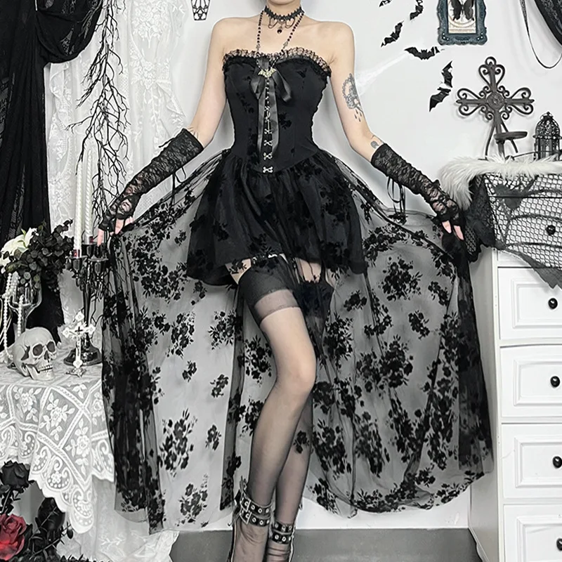 Goth Dark Florals Mesh Patchwork Strapless Party Dress Women Fairycore Wedding Gown Mall Gothic Single Breasted Lace-up Dresses - Image 2