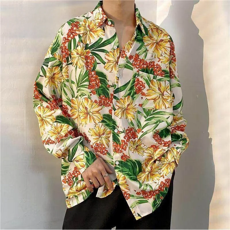 

Loose Long Sve Hawaiian Beach irt Men's Vintage Hipster Summer irt Couples Casual Polyester Fiber Stand Fit irt