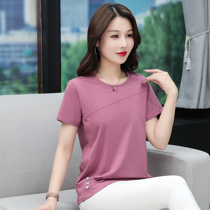 New Women'S Fashionable Comfortable Versatile Round Neck Short Sleeve T-Shirt Summer Mom Loose Casual Folded Irregular Top