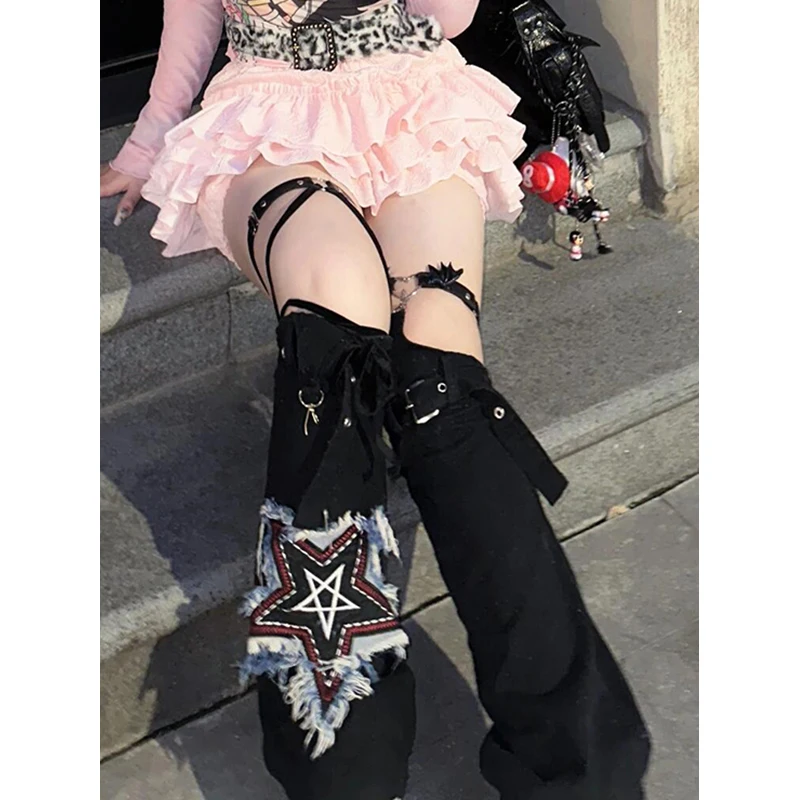 

PBAP Black Belted Star Patched Leg Warmers Women Spliced Raw Hem Washed Denim Asymmetric Flare Boots Cover Y2k Vintage Clothes