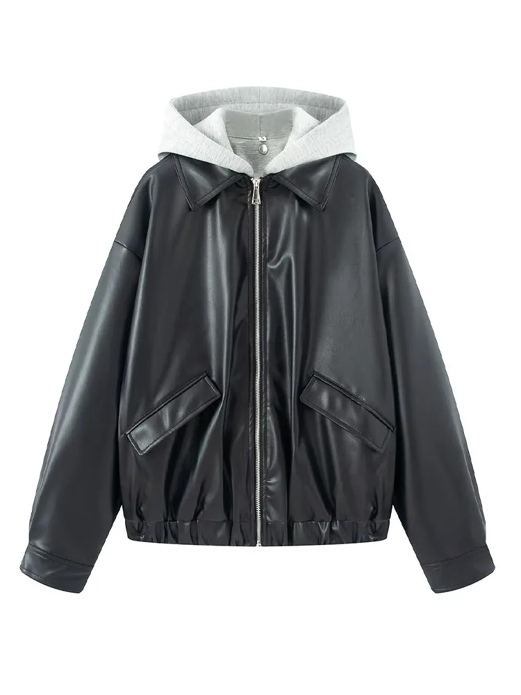 

HH Women's Spring Trend New Fashion Versatile Splicing Hat PU Leather Jacket Female Temperament High Street Casual Short Jacket