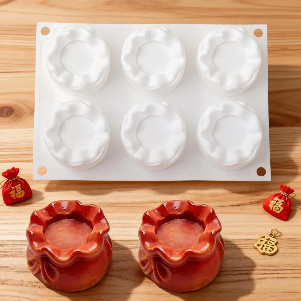 6-fach Silikonform für Mousse-Kuchen in Schleifen-Glückstüten-Form – Neujahrs-Geldbeutel-Schokoladen-Dessert-Backform, Kerzenform