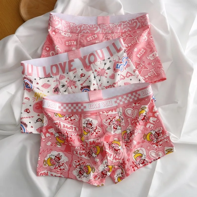 

New Underwear Men's Pure Cotton Quadrangle Panties High End Shorts Boyfriend Pink Cupid Cartoon Trunk Briefs Three Pieces Cute