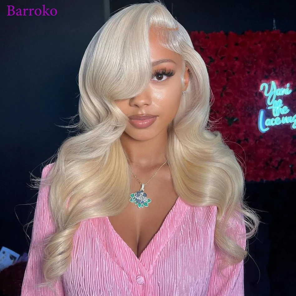 Barroko-Perruque Lace Front Wig Body Wave brésilienne naturelle, cheveux Remy, rose ombré 613, 34 pouces, pre-plucked, pour femmes africaines