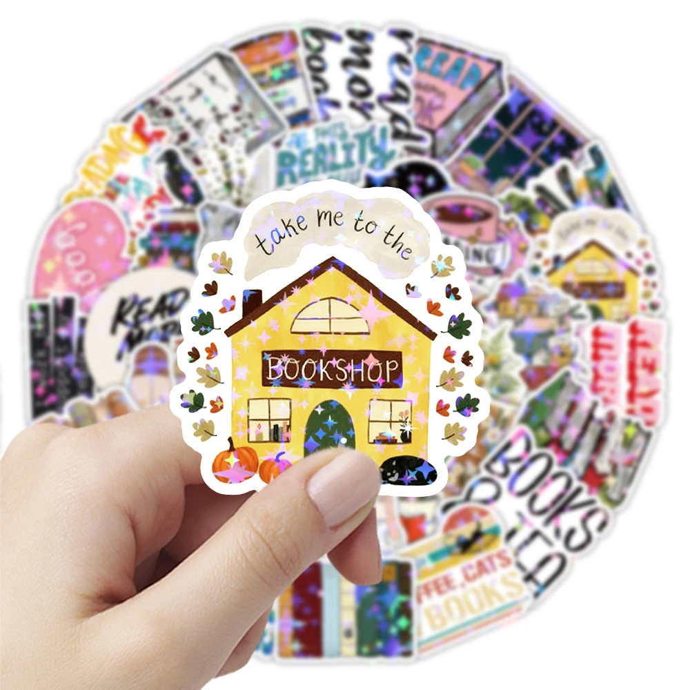 10/30/50/100pcs Holographic Cartoon Reading Stickers Aesthetic Graffiti Decals for Suitcase Motorcycle Helmet Sticker Decoration