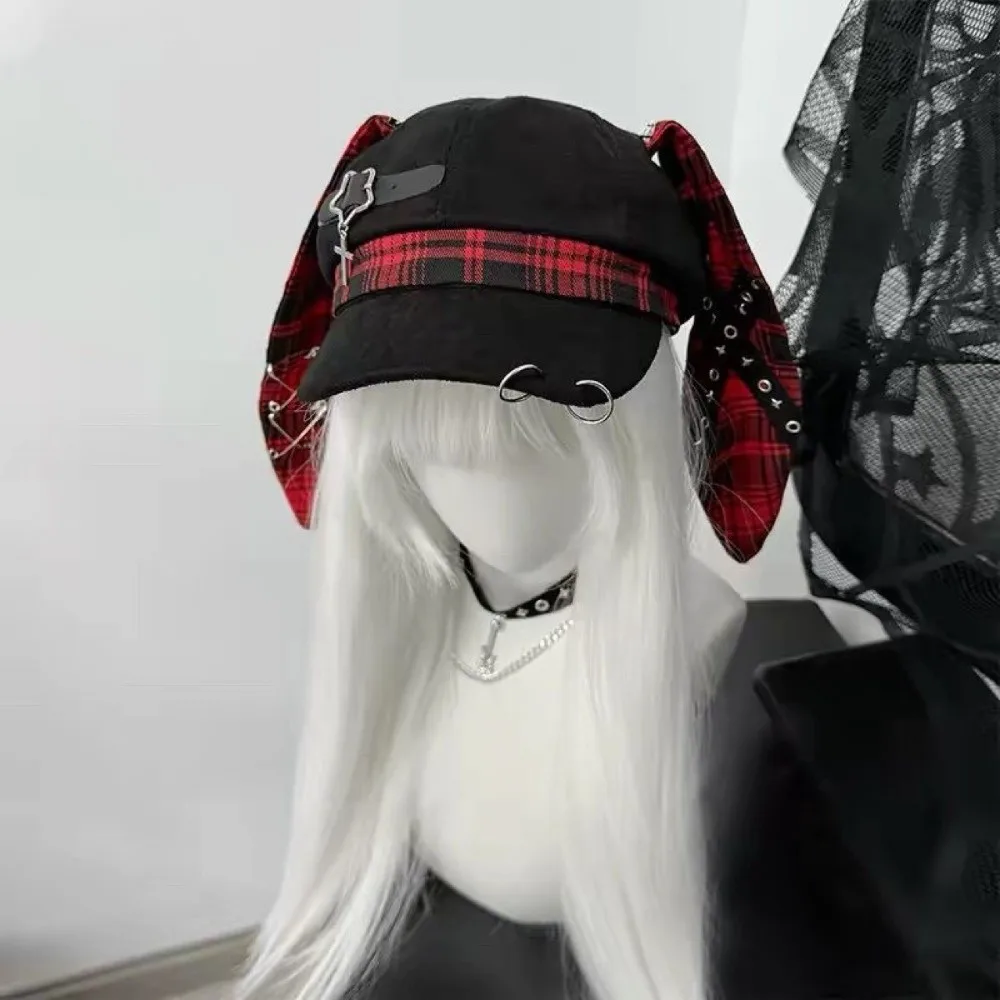 Cool Rabbit Ears Plaid Beret Hat Irregular Y2K Octagonal Hat Thin Brim Punk Newsboy Peaked Hat Women