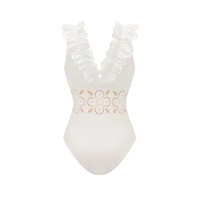 Flaxmaker 2026 Summer Solid Swimsuit And Skirt Women V Neck Sleeveless Ruffle White Laser Cutting Flower Hollow Swimsuit Set