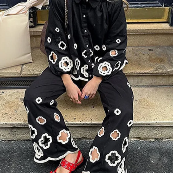 New Flower Hollowed Out Lantern Sleeve Lapel Shirt Straight Leg Pants Set Street Trend