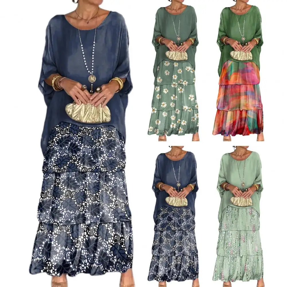 เดรสยาวผ้าชีฟองโบโฮสำหรับผู้หญิง Sablon Bunga หรูหราสำหรับ2024ฤดูใบไม้ผลิคอกลมชุดกระโปรงเค้กแขนค้างคาวครึ่งชุดกระโปรงสวมหัว