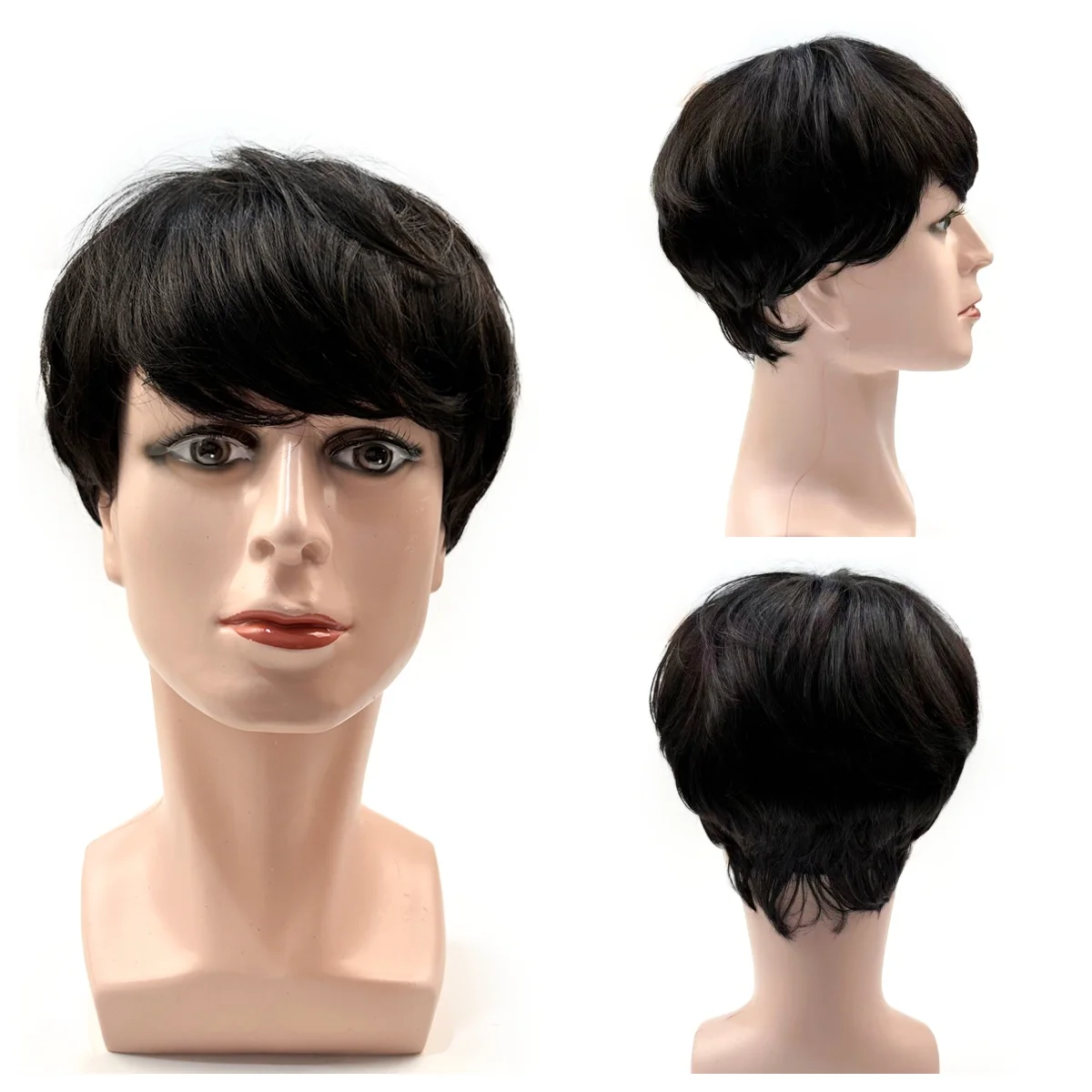 OCK 100% Human Hair Mens Full Wig, Short Cut With Bangs, Machine-Made, Elastic Cotton Cap Construction