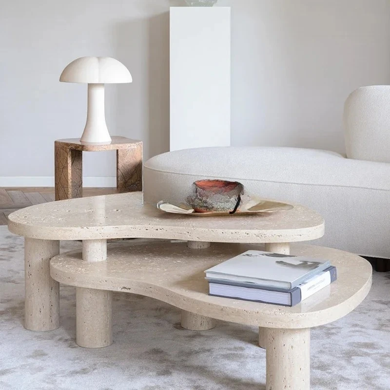 

xqqItalian minimalist natural travertine special-shaped coffee table, marble light luxury living room sofa coffee table